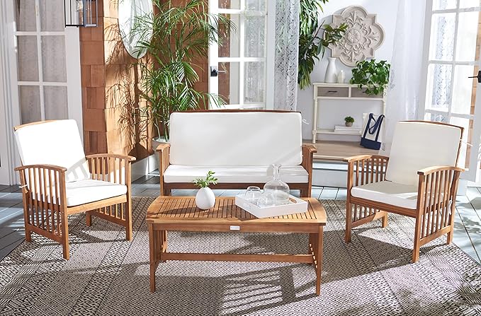 SAFAVIEH Outdoor Collection Rocklin Natural/ Beige 4-Piece Conversation Patio Set with Cushions - LeafyLoom