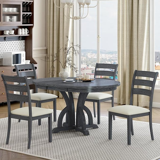 Farmhouse Round Pedestal 15.8" Removable Leaf, Extendable Kitchen w/Ladder Back Chairs, for Small Places, Room, 5 Piece Dining Table Set, Black 4 - LeafyLoom