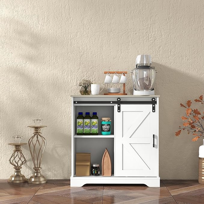 Panana Sliding Barn Door Buffet Sideboard Storage Cabinet Coffee Bar Kitchen Farmhouse Style (White Cabinet Nature Top) - LeafyLoom