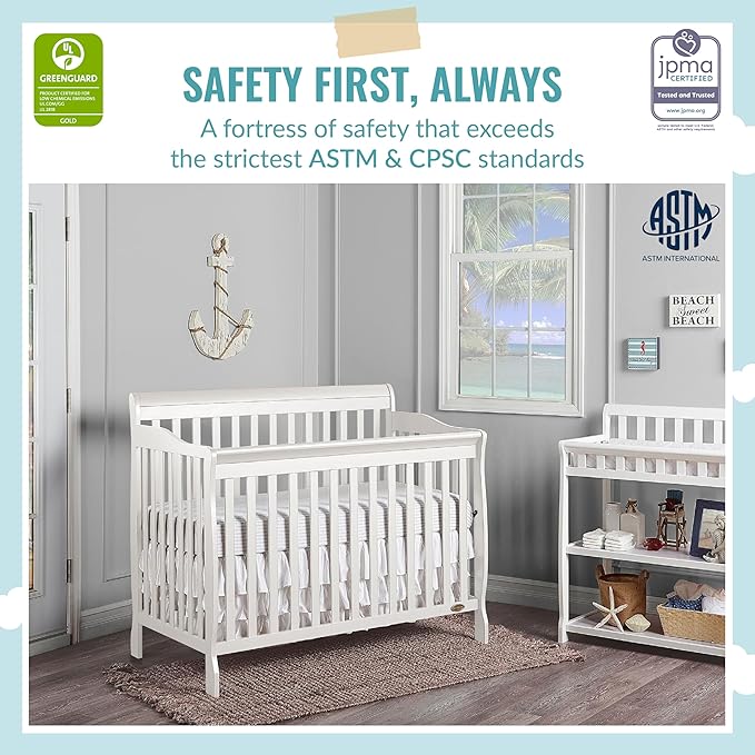 Dream On Me Ashton 4-In-1 Convertible Crib In White, Greenguard Gold, JPMA Certified, Non-Toxic Finishes, Features 4 Mattress Height Settings, Made Of Solid Pinewood - LeafyLoom