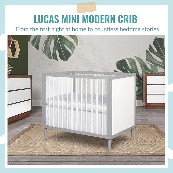 Lucas Mini Modern Crib with Rounded Spindles, 39"L x 25.5"W x 33"H - LeafyLoom