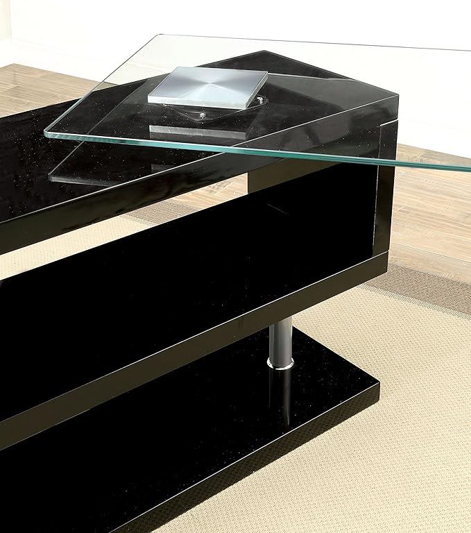 Furniture of America Lilliana S-Shaped Glass-Top Office Desk, Black - LeafyLoom