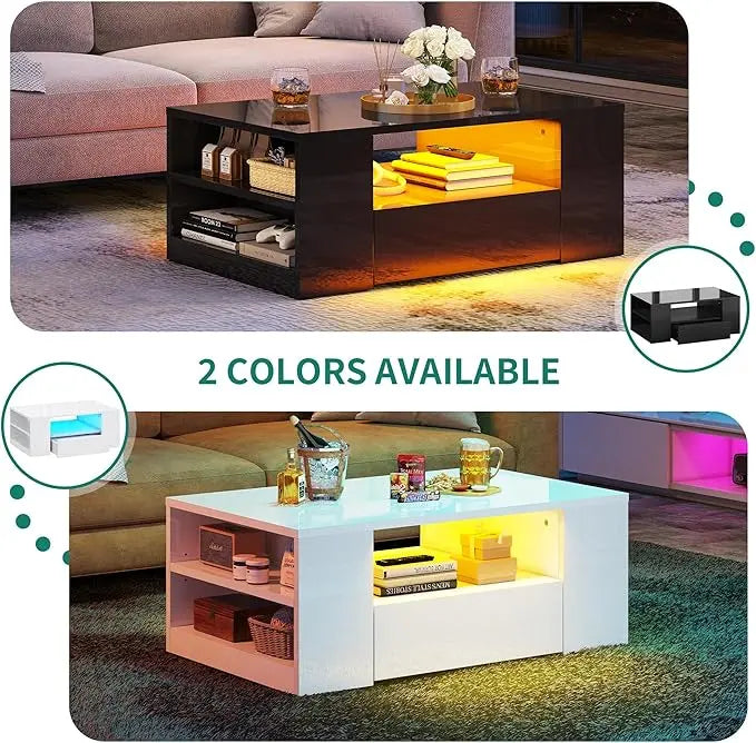 YITAHOME Modern Coffee Tables for Living Room, High Gloss LED Coffee Table, Storage Coffee Table, Small Coffee Table, Wood Center Table with 2 Sliding Drawers and Open Side Shelf,White - LeafyLoom