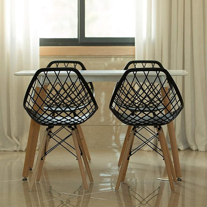 Mid-Century Modern Style Plastic DSW Shell Dining Chair with Lattice Back and Wooden Dowel Eiffel Legs, Black - LeafyLoom