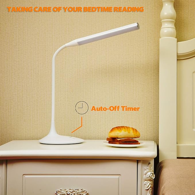 DAC LED Desk Lamp, Eye Care Table Lamp, 360 Degree Flexible Gooseneck, Continuously Dimmable, 3 Color Modes, Touch-Sensitive Control Panel, 40-Minute Auto Shut-Off Timer, White, 6W - LeafyLoom