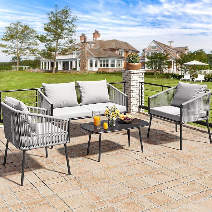 YITAHOME 4-Piece Patio Furniture Outdoor Bistro Set, All Weather Double Gray Rope Conversation Loveseat for Backyard, Balcony, Deck with Soft Cushions and Metal Table (Gray) - LeafyLoom