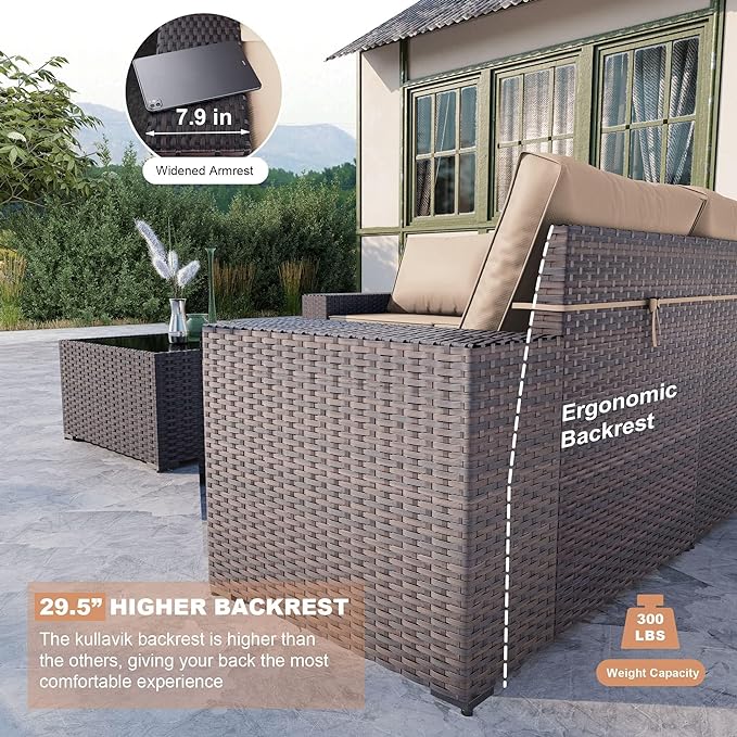 Kullavik 12PCS Outdoor Patio Furniture Set PE Wicker Rattan Sectional Sofa Patio Conversation Sets,Sand - LeafyLoom