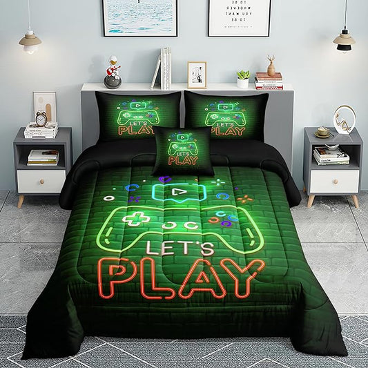 6 PCS Gamer Queen Comforter Sets,Queen Bedding Sets for Boys,Gaming Comforter Set,Queen Size Bedding Sets for Boys,Bed in A Bag with Sheets(Queen,Green Color) - LeafyLoom