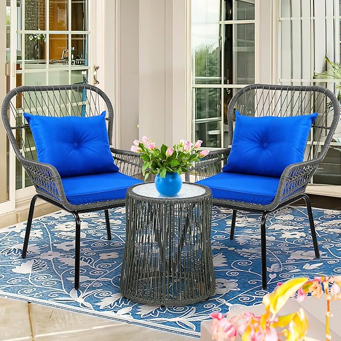 YITAHOME 3-Piece Outdoor Patio Furniture Wicker Bistro Set, All-Weather Rattan Conversation Chairs for Backyard, Balcony and Deck with Soft Cushions, Glass Side Table (Gray+Navy Blue) - LeafyLoom