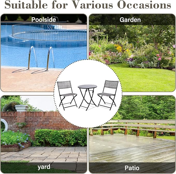 BACKYARD EXPRESSIONS PATIO · HOME · GARDEN 3 Pc 3 Piece Folding Outdoor Bistro, Wicker Furniture Table and Chairs for Garden, Backyard, Porch, Patio Conversation Set, Grey/Black - LeafyLoom