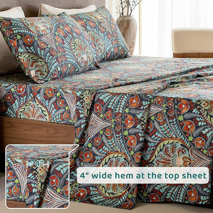 QSH Boho Bed Sheets Queen Size - Bohemian Western Bedding 100% Egyptian Cotton Pattern Sheets Queen Size Bed 4pcs Deep Pockets Bed Sheets - LeafyLoom