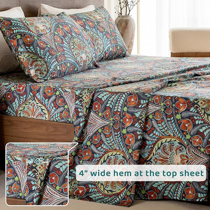 QSH Boho Sheets King Size - 100% Egyptian Cotton Bohemian Patterned Sheets Printed Bedding King Size Bed Sheets 17.5" Extra Deep Pocket 4pcs - LeafyLoom