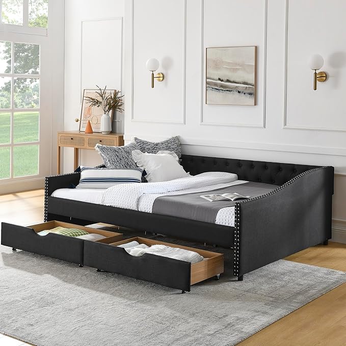 RITSU Queen Size Mid-Century Daybed, 2 Storage Drawers,Linen Button Upholstered Tufted Sofa Bed, Copper Nail on Waved Shape Arms, No Box Spring Needed,for Bedroom, Livingroom, Black, 84.50 - LeafyLoom