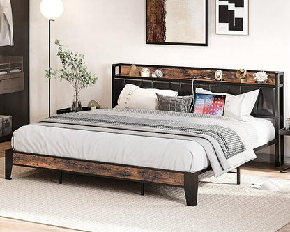 LIKIMIO King Bed Frame, Storage Headboard with Charging Station, Solid and Stable, Noise Free, No Box Spring Needed, Easy Assembly (Vintage and Black) - LeafyLoom