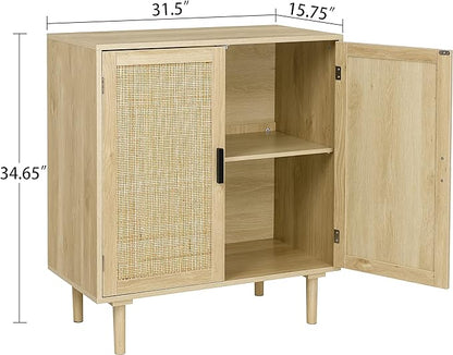 Finnhomy Sideboard Buffet Kitchen Storage Cabinet with Rattan Decorated Doors, Dining Room, Hallway, Cupboard Console Table, Liquor / Accent Cabinet, 31.5X 15.8X 34.6 Inches, Natural - LeafyLoom