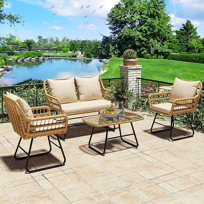 YITAHOME Patio Furniture Wicker Outdoor Bistro Set, 4-Piece All Weather Patio Furniture Rattan Conversation Loveseat Sets for Backyard, Balcony and Deck, Light Brown+Beige - LeafyLoom