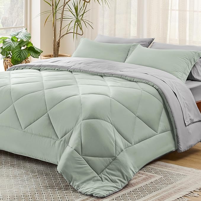 Bedsure Sage Green California King Comforter Set - 7 Pieces Reversible Bed Set Bed in a Bag California King with Comforters, Sheets, Pillowcases & Shams, California King Bedding Sets - LeafyLoom