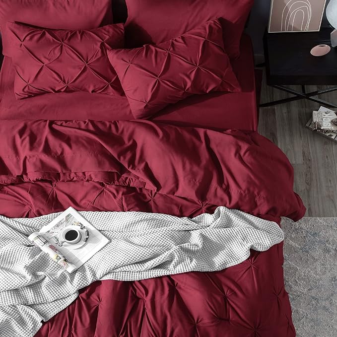 Bedsure Twin XL Comforter Set with Sheets - 5 Pieces Twin XL Bedding Sets for College, Pinch Pleat Burgundy Bed in a Bag with Comforter, Sheets, Pillowcase & Sham - LeafyLoom