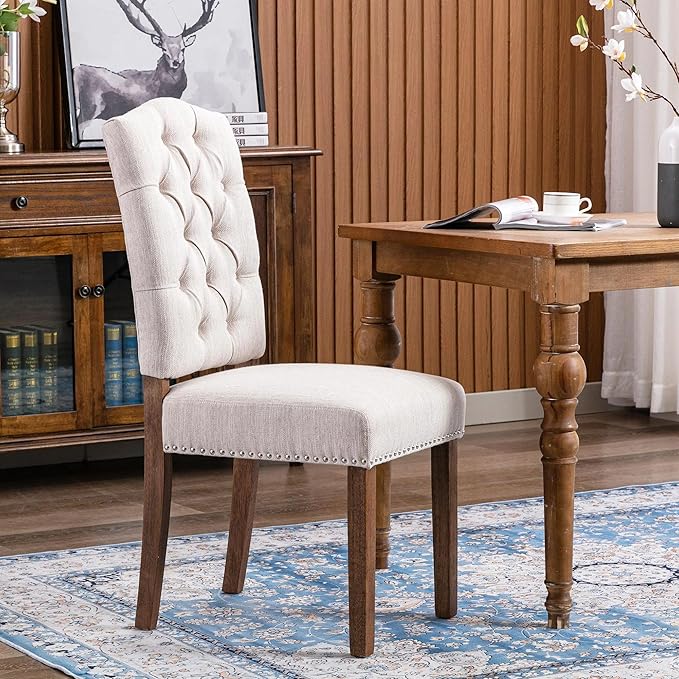 Stylish Upholstered Nailhead Trim and Sturdy Solid Wood Legs Parson Dining Chair, Set of 4, Beige - LeafyLoom