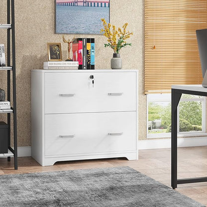 Lateral File Cabinet with 2 Drawers, 31.5 Inches Large Filing Cabinet for Hanging Letter/Legal/F4/A4 Size Files with Lock, Home Office, White - LeafyLoom