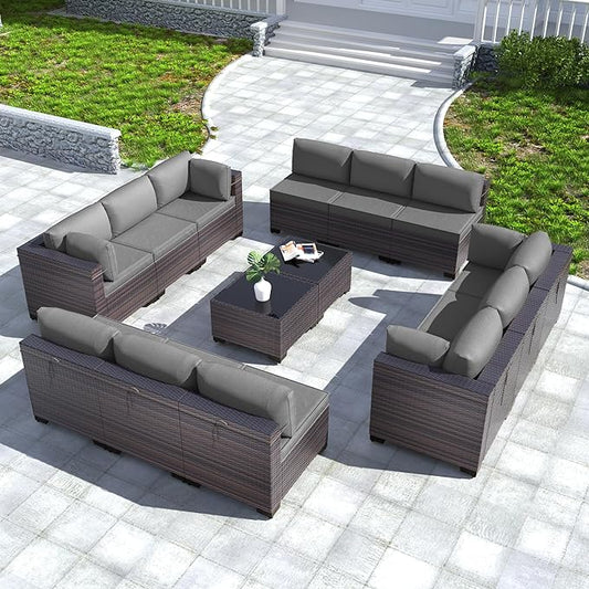 Kullavik 14PCS Outdoor Patio Furniture Set PE Wicker Rattan Sectional Sofa Patio Conversation Sets,Grey - LeafyLoom