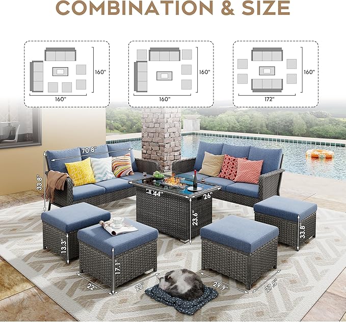 Yechen Patio Conversation Set 10 Seats with 44" Propane Gas Fire Pit Table - 7 Pcs Outdoor Wicker Furniture Set with Lid & Wind Shields - Sectional Sofa Set for Porch,Backyard - LeafyLoom