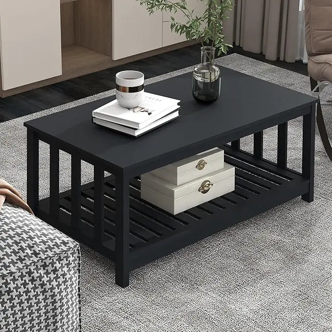 TaoHFE Black Coffee Tables for Living Room Modern Coffee Table Set 40 Inch 2-Tier Wooden Living Room Table Rectangular Center Table with Storage Shelf Furniture for Living Room, Meeting Room, Office - LeafyLoom