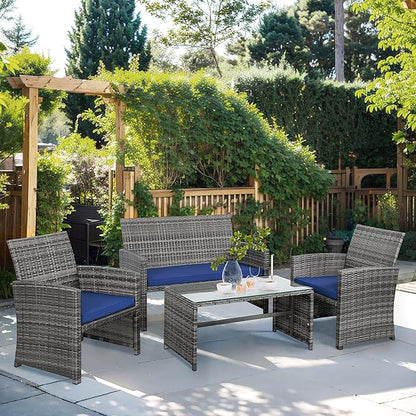 Shintenchi 4-Piece Outdoor Gray Wicker Patio Conversation Furniture Set, Rattan Patio Furniture Set with Weather Resistant Cushions and Tempered Glass Tabletop,Navy Blue - LeafyLoom