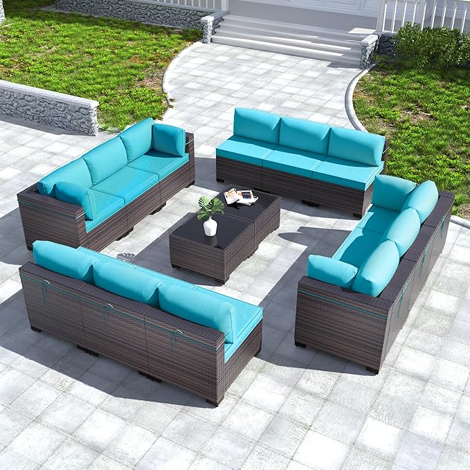 Kullavik 14PCS Outdoor Patio Furniture Set PE Wicker Rattan Sectional Sofa Patio Conversation Sets,Blue - LeafyLoom