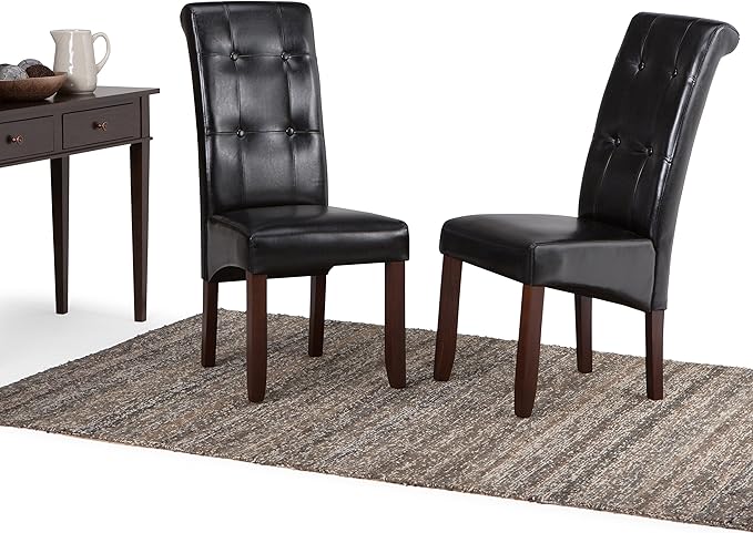 SIMPLIHOME Cosmopolitan Parson Dining Chair (Set of 2), Midnight Black Faux Leather and SOLID WOOD, Square, Upholstered, For the Dining Room, Contemporary Modern - LeafyLoom