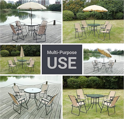 Nice C Outdoor Dining Sets, Patio Furniture Set, 8 Piece Set with Umbrella, Garden Outdoor Furniture Table Set with Tilted Removable Umbrella, Glass Table, and 6 Folding Chairs (Beige-6 Piece) - LeafyLoom