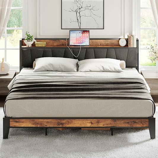 LIKIMIO King Size Bed Frame, Storage Headboard with Charging Station, Solid and Stable, Noise Free, No Box Spring Needed, Easy Assembly - LeafyLoom