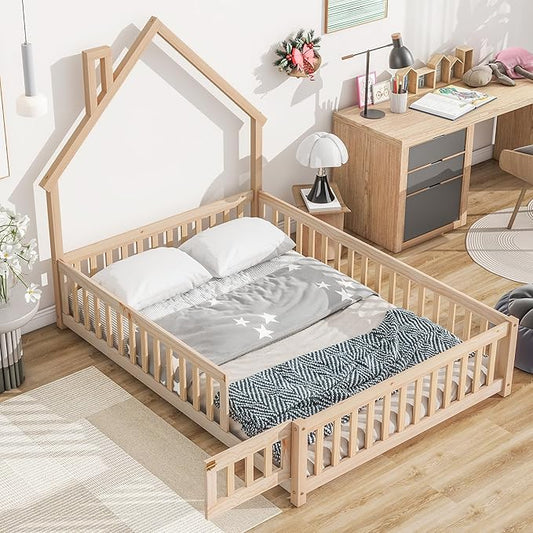 Bellemave Full Size House-Shaped Headboard Floor Bed for Kids, Montessori Floor Bed with Fence and Door,House Bed Twin Frame for Girls,Boys (Natural) - LeafyLoom