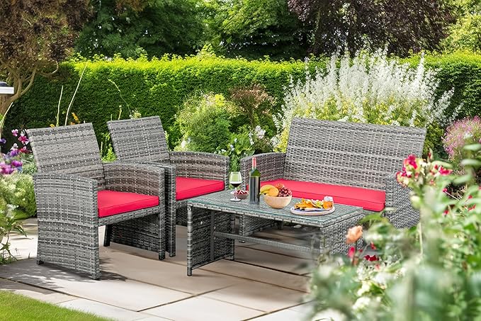 Shintenchi 4-Piece Outdoor Gray Wicker Patio Conversation Furniture Set, Rattan Patio Furniture Set with Weather Resistant Cushions and Tempered Glass Tabletop,Red - LeafyLoom