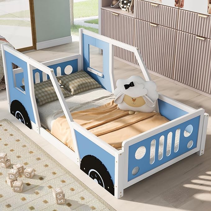 Twin Size Floor Bed for Kids, Race Car-Shaped Wooden Platform Montessori Bed Frame with Guardrail and Door for Boys Girls Child's Bedroom, Slats Included, No Spring Need (Blue) - LeafyLoom