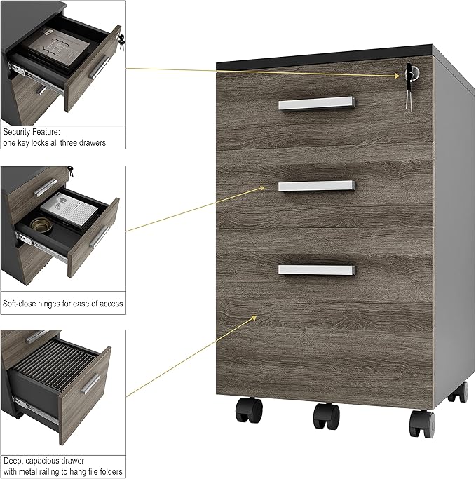 Lazio File Cabinet with Lock - Filing Cabinet for Home and Office - 3 Drawer Small Rolling File Cabinet -Wood Printer Stand with Storage for A4 Size/Legal Documents, File Folders (SLATE GRAY/Black) - LeafyLoom