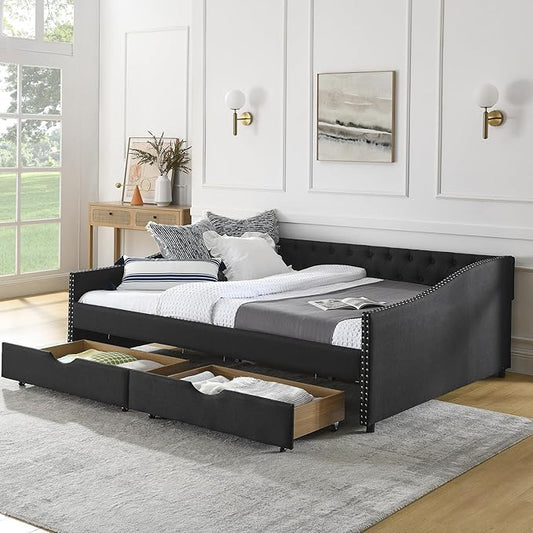 Queen Size Daybed with Two Storage Drawers, Linen Upholstered Tufted Sofa Bed w/Button on Back and Copper Nail on Waved Shape Arms, for Bedroom Living Room, No Box Spring Needed, Black - LeafyLoom