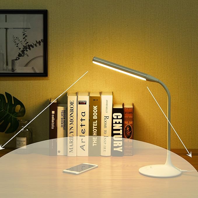 DAC LED Desk Lamp, Eye Care Table Lamp, 360 Degree Flexible Gooseneck, Continuously Dimmable, 3 Color Modes, Touch-Sensitive Control Panel, 40-Minute Auto Shut-Off Timer, White, 6W - LeafyLoom