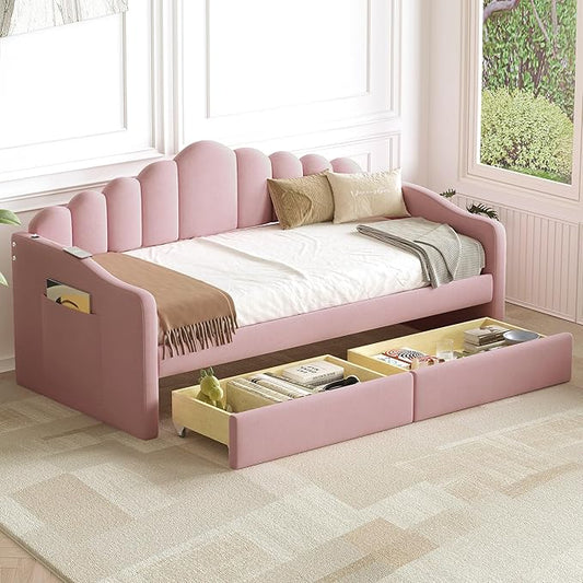 Twin Size Upholstered Daybed with 2 Drawers and Striped Headboard, Solid Wood Velvet Bed with USB Charging Ports, Space-Saving Design, No Box Spring Needed, for Living Room, Bedroom, Dorm, Pink - LeafyLoom