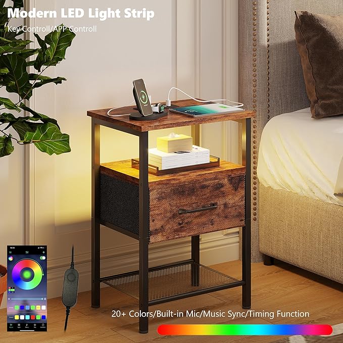 Night Stand Set 2, End Table with Charging Station, LED Bedside Table with Fabric Drawer for Bedroom, 3-Tier Side Table with Open Shelf, Rustic Brown - LeafyLoom