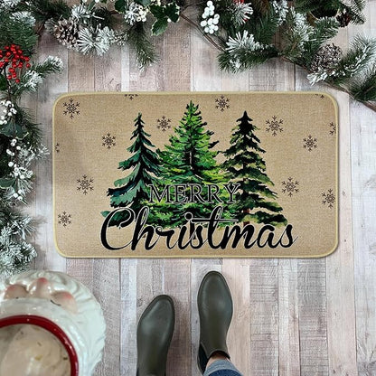 Merry Christmas Door Mat ,Pine Trees Snowflakes Welcome Doormat for Front Door,Non-Slip Winter Xmas Holiday Front Porch Rugs, Indoor Outdoor Entry Doormats Low-Profile Floor Mats,29 x 17 Inch Vanleonet