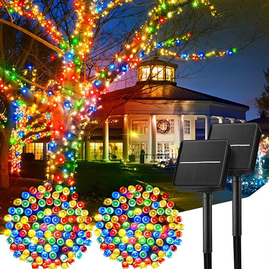 Minetom Christmas Lights Outdoor Solar Powered - 72FT 200 LED Christmas String Lights with 8 Lighting Modes, IP65 Waterproof Solar String Lights for Outside Tree Xmas Party Decoration, Multicolor Minetom