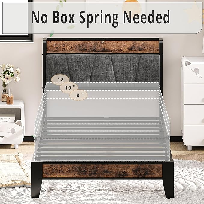 LIKIMIO Twin Bed Frames, Storage Headboard with Charging Station, Solid and Stable, Noise Free, No Box Spring Needed, Easy Assembly - LeafyLoom