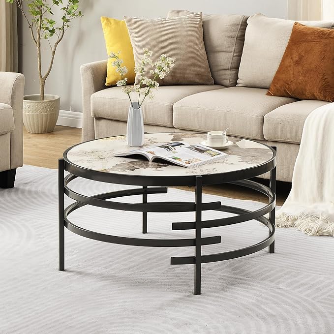 Round Coffee Table Coffee Tables for Living Room Sintered Stone Marble Top Sturdy Metal Frame (Grey, 31.50 inches) - LeafyLoom