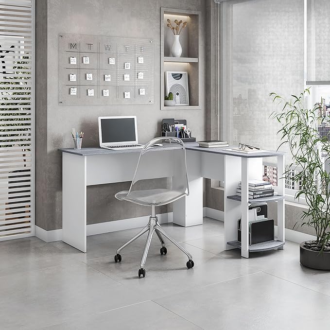 Techni Mobili L Shaped Desk - Modern Computer Desk with Corner Bookshelf & Side Storage Shelves for Home Office Accessories - Elegant, Space-Saving, & Minimalist Executive Table - LeafyLoom