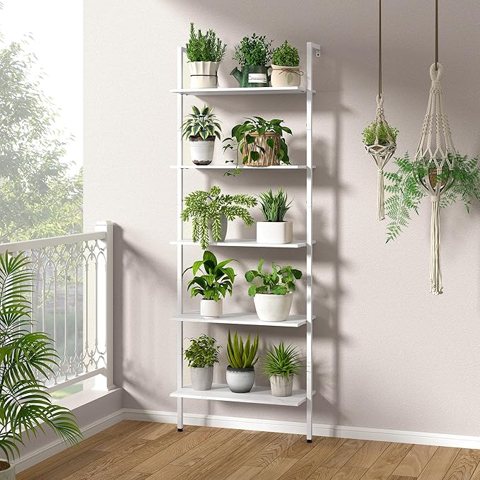 Tajsoon 25.2''W Ladder Shelf Bookshelf, 5 Tier Wall Shelf with Metal Frame, Modern Open Wall Mount Bookcases for Home, Office, Balcony, Plant Flower, White - LeafyLoom