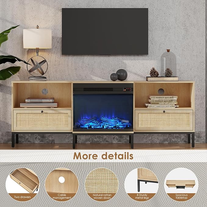 3-Sided Glass Fireplace TV Stand for TVs up to 80", Entertainment Center Electric Fireplace TV Stand with Rattan Drawers Boho Natural - LeafyLoom