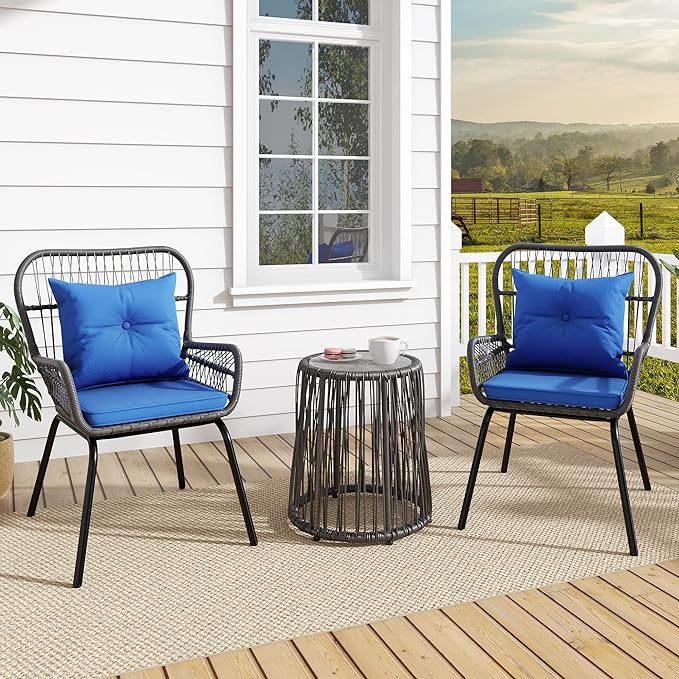 YITAHOME 3-Piece Outdoor Patio Furniture Wicker Bistro Set, All-Weather Rattan Conversation Chairs for Backyard, Balcony and Deck with Soft Cushions, Glass Side Table (Gray+Navy Blue) - LeafyLoom