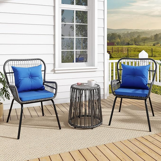 YITAHOME 3-Piece Outdoor Patio Furniture Wicker Bistro Set, All-Weather Rattan Conversation Chairs for Backyard, Balcony and Deck with Soft Cushions, Glass Side Table (Gray+Navy Blue) - LeafyLoom