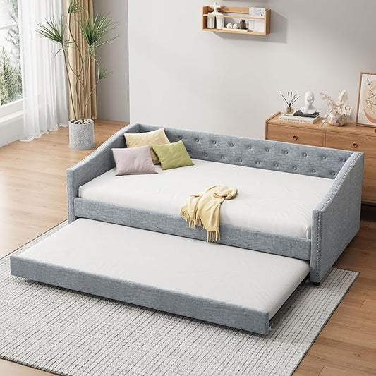 Twin Size Upholstered Daybed with Twin Size Trundle,Wood Sofa Bed Frame W/Button Tufted Back and Nailhead Decorated Waved Shape Arms,Slat Support,for Bedroom,Living Room,Apartment,Light Gray - LeafyLoom